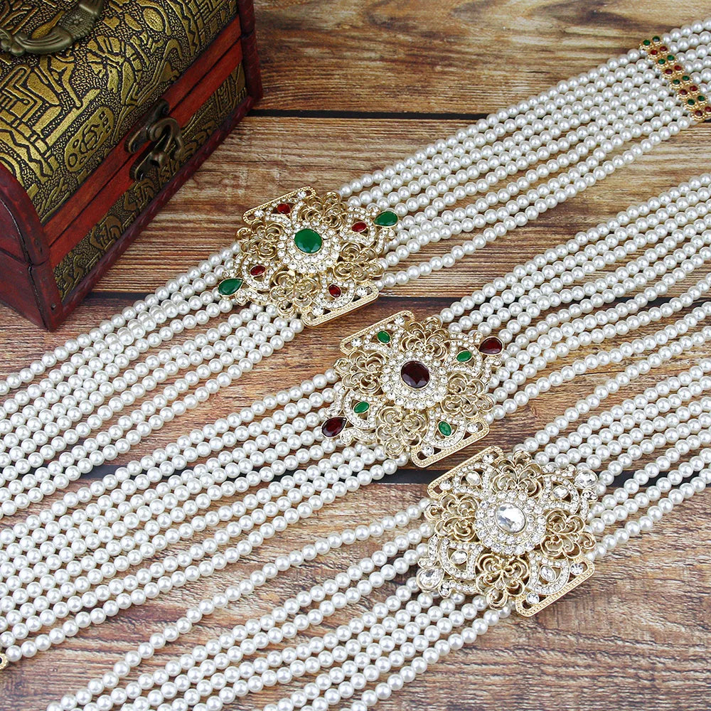 Sunspicems New Women Beaded Waist Belt Chain Pearl Caftan Belt Gold Color Flower Buckle Adjustable Length Wedding Dress Jewelry