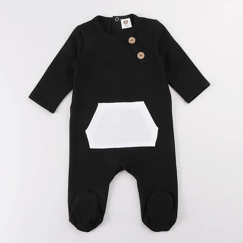 Elegant Baby Romper Winter Ribbed Pajamas Overalls with Contrast Pockets for Boys And Girls Footies for Autumn