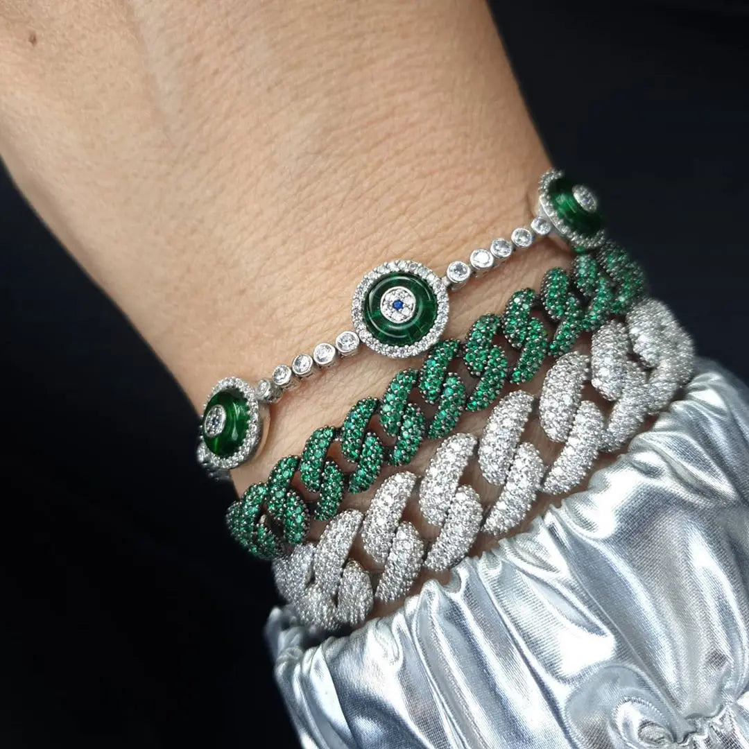 Women Hip Hop Colorful Cz Cuban Chain Bracelet 10mm Width Blue Red Green Cubic Zirconia Cuban Chain Bracelet Bangle For Women