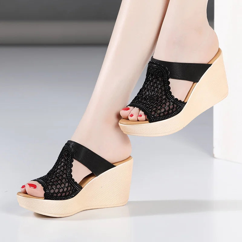 YAERNI High Heel Sandals For Women Summer Peep Toe Lace Mesh Wedge Heels Sandal Women Shoes