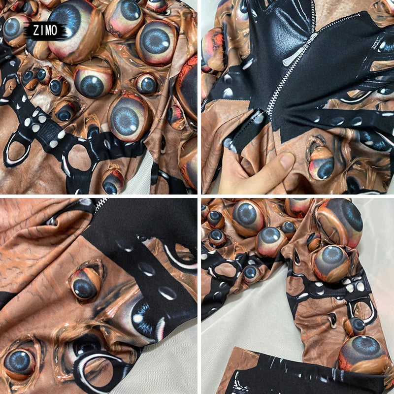 Halloween Men Women Horror Costume 3D Eye Novelty Jumpsuit Coat Stretch Rompers Nightclub Party Scary Stage Drag Queen Costumes