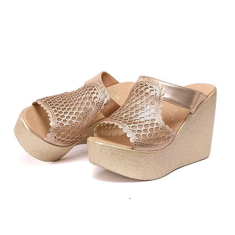 YAERNI High Heel Sandals For Women Summer Peep Toe Lace Mesh Wedge Heels Sandal Women Shoes