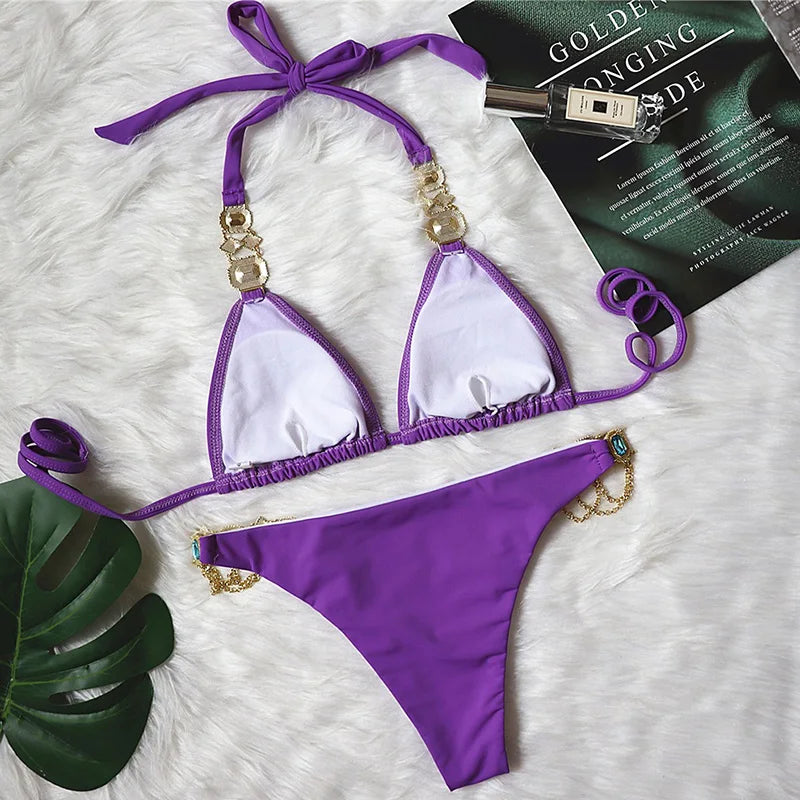 Halter Metal Chains Rhinestone Diamond Bikini Women Swimsuit Female Swimwear Two Pieces Bikini set Brazilian Bathing Suit Swim