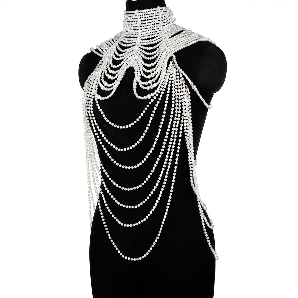Sexy Pearl Body Chain For Women Necklaces Shawl Female Punk Style Beaded Collar Shoulder Sweater  Long Chain Bridal Body Jewelry