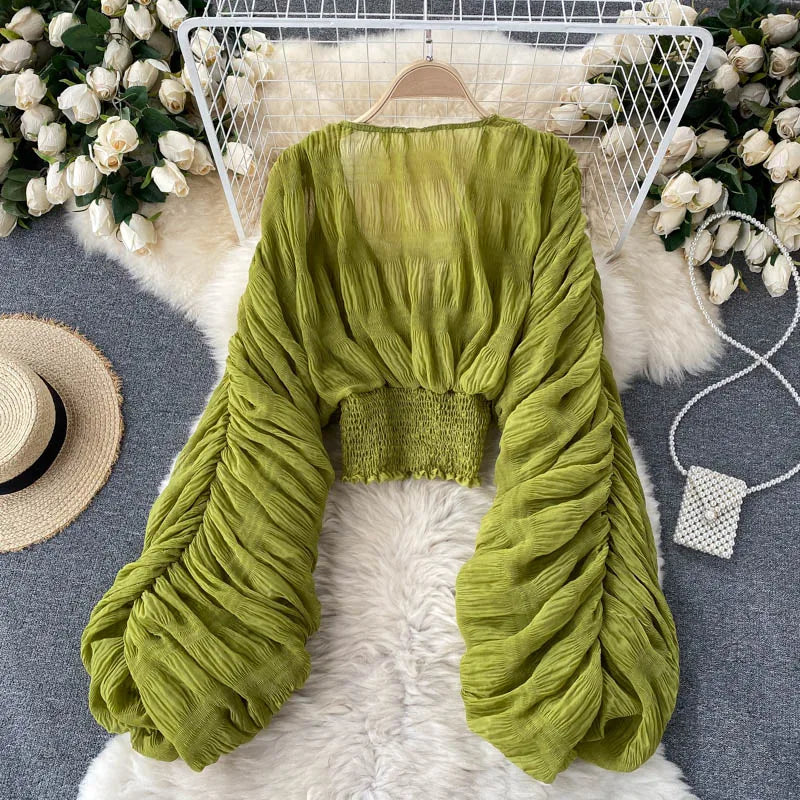 Summer Sexy Draped Chiffon Blouse For Women Elegant V-Neck Puff Long Sleeve Short Tops Female Slim Party Shirts 2022 New Fashion