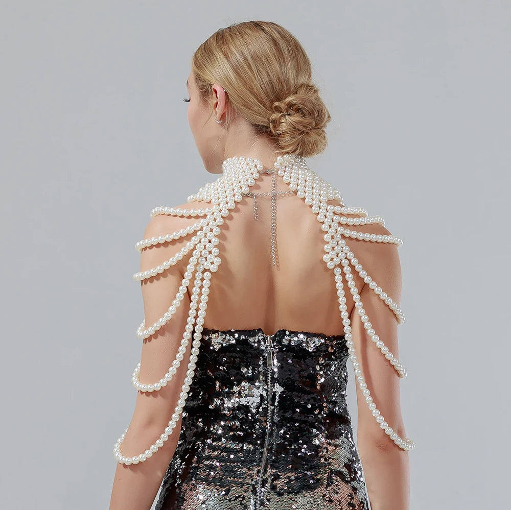 Sexy Pearl Body Chain For Women Necklaces Shawl Female Punk Style Beaded Collar Shoulder Sweater  Long Chain Bridal Body Jewelry
