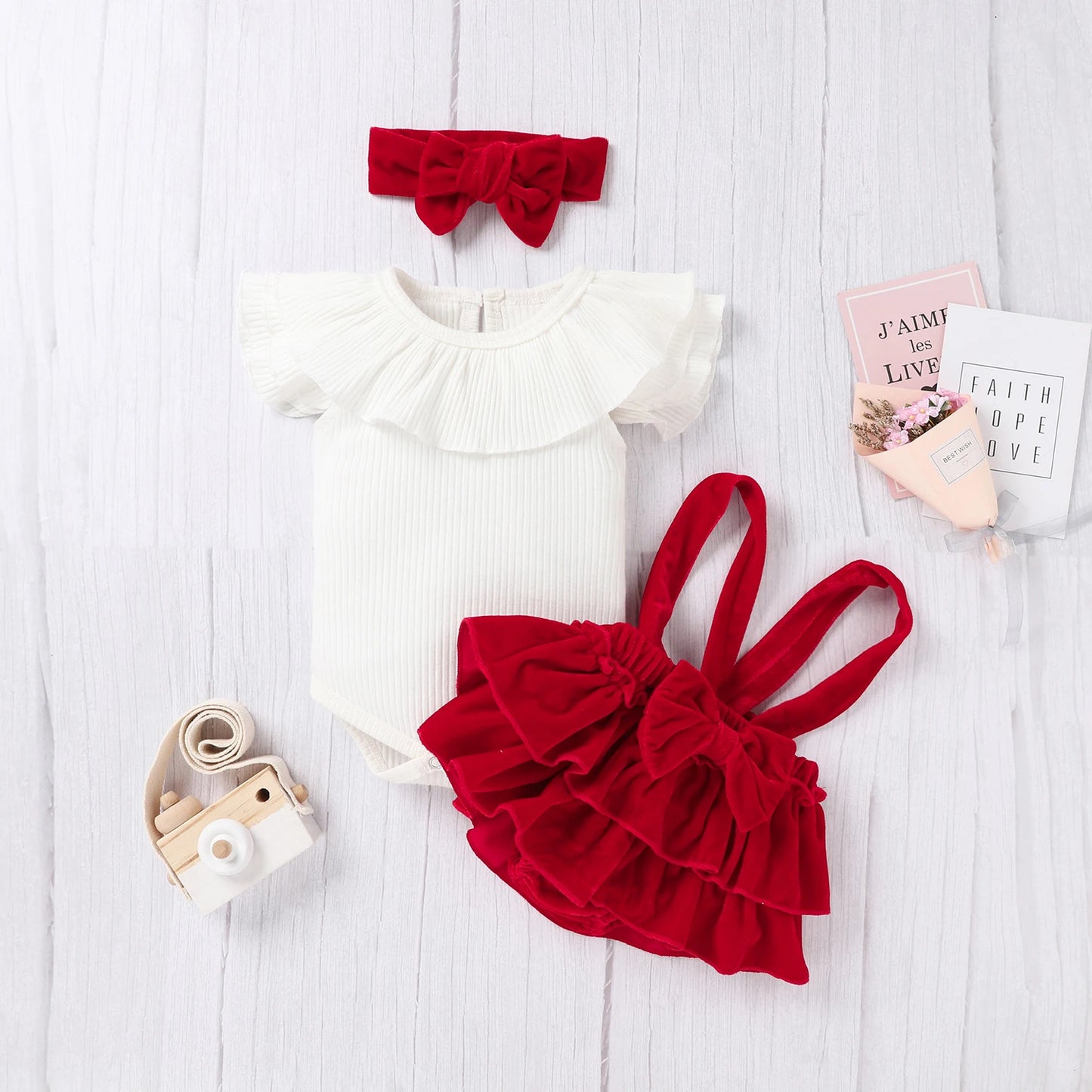 Newborn 3Pcs Summer Outfit Set Infant Ribbed Flying Sleeve Ruffled Romper Velvet Suspender Skirt Hair Band for Baby Summer