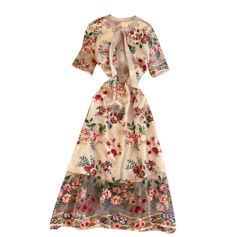 Guilantu Mesh Embroidery Floral Office Dress Women Summer Short Sleeve Tulle Vintgae Dress Elegant Sexy Club Party Dresses