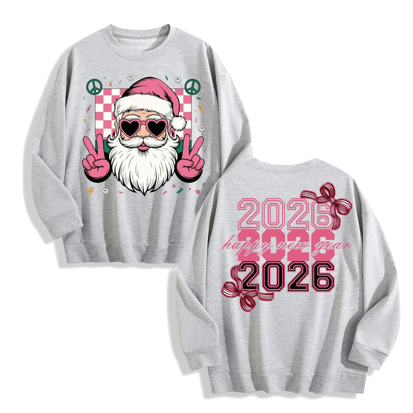 Retro Funky Pink Santa 2026 New Year Graphic Long Sleeve, US Warehouse, Customizable Design