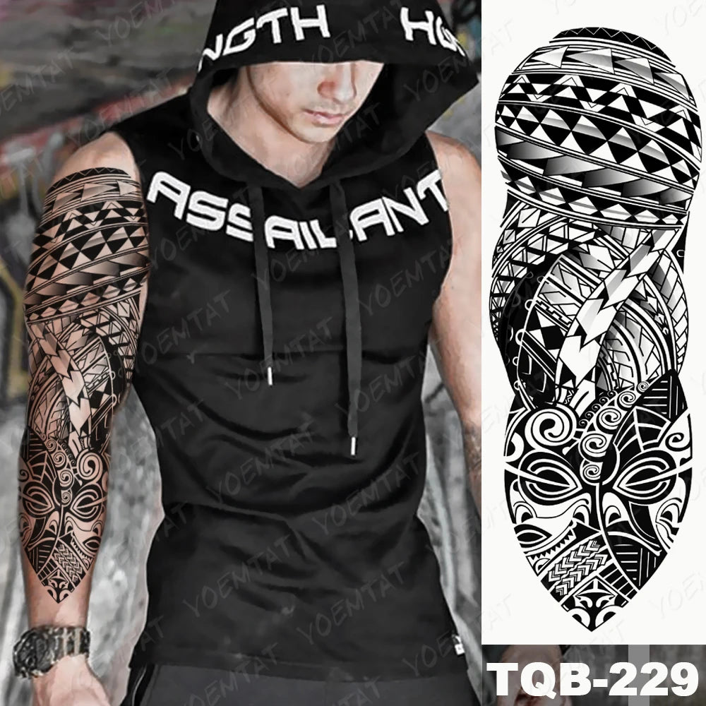 Large Arm Sleeve Tattoo Black Maori Totem Waterproof Temporary Tatto Sticker Tribal Flame Body Art Full Fake Tatoo Women Men