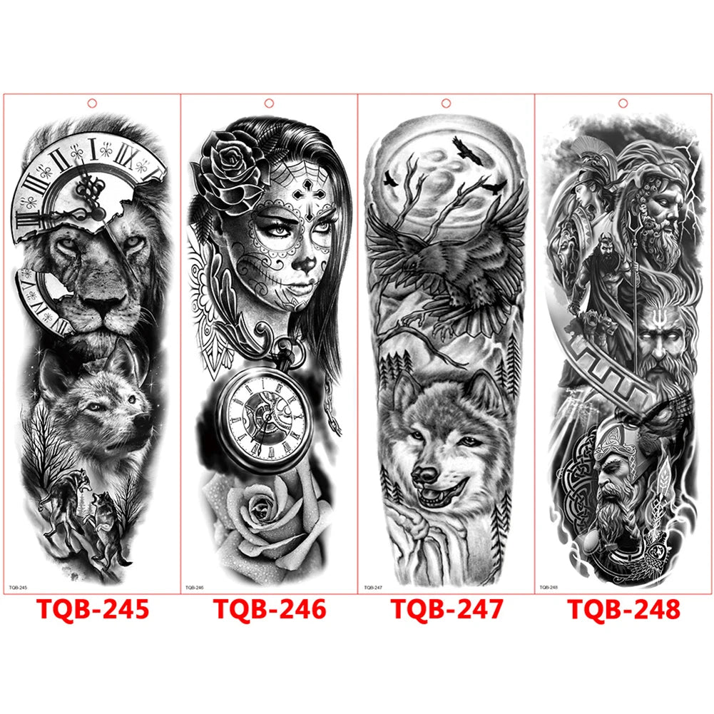 Large Arm Sleeve Tattoo Rose Gear Clock Eye Waterproof Temporary Tatto Sticker Lion Wolf King Body Art Full Fake Tatoo Women Men