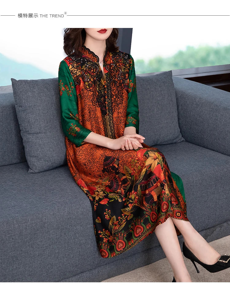 2024 Boho Vintage Print Natural Silk Midi Dresses Summer Loose Casual Dress Elegant Women Bodycon Party Vestidos