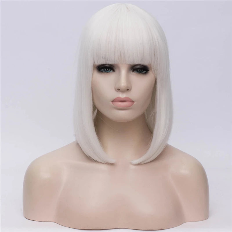 MSIWIGS Women Synthetic Straight Short Bob Wigs With Bangs Blue Golden Red Black White Purple Green Brown Cosplay Wig Female