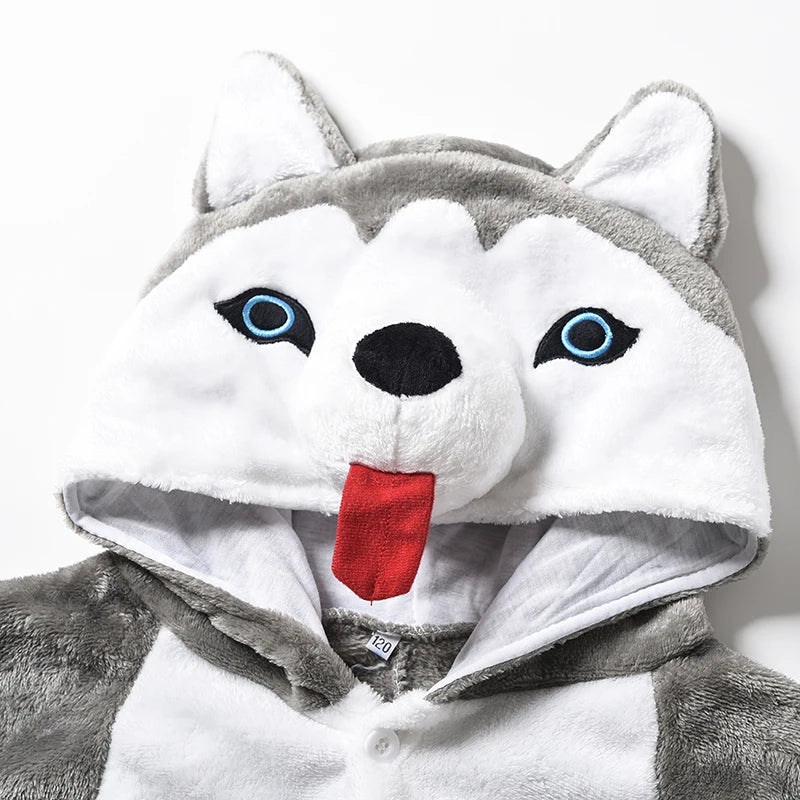 Husky Onesie For Kids Animal Pajamas Flannel Children Kigurumi Girls Dog Cosplay Costume Boy Full Body One-Piece Pijama Brithday