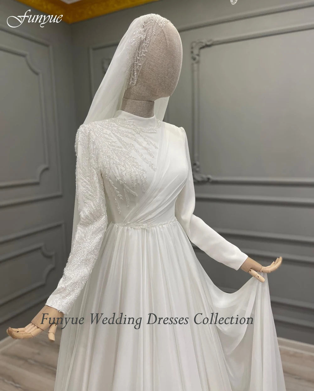 Customized Full Sleeve Muslim Wedding Dress 2025 New High Neck A-Line Chiffon Beading Bridal Gown for Bride To Be Robe De Mariée