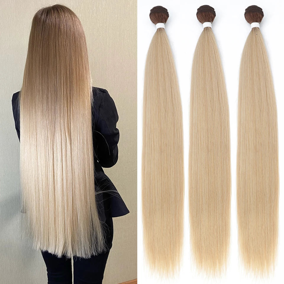 Piano Blonde Straight Hair Bundles Smooth Hair Extensions Fake Fibers Synthetic Yaki Straight Hair Weaving Full to End Free Ship
