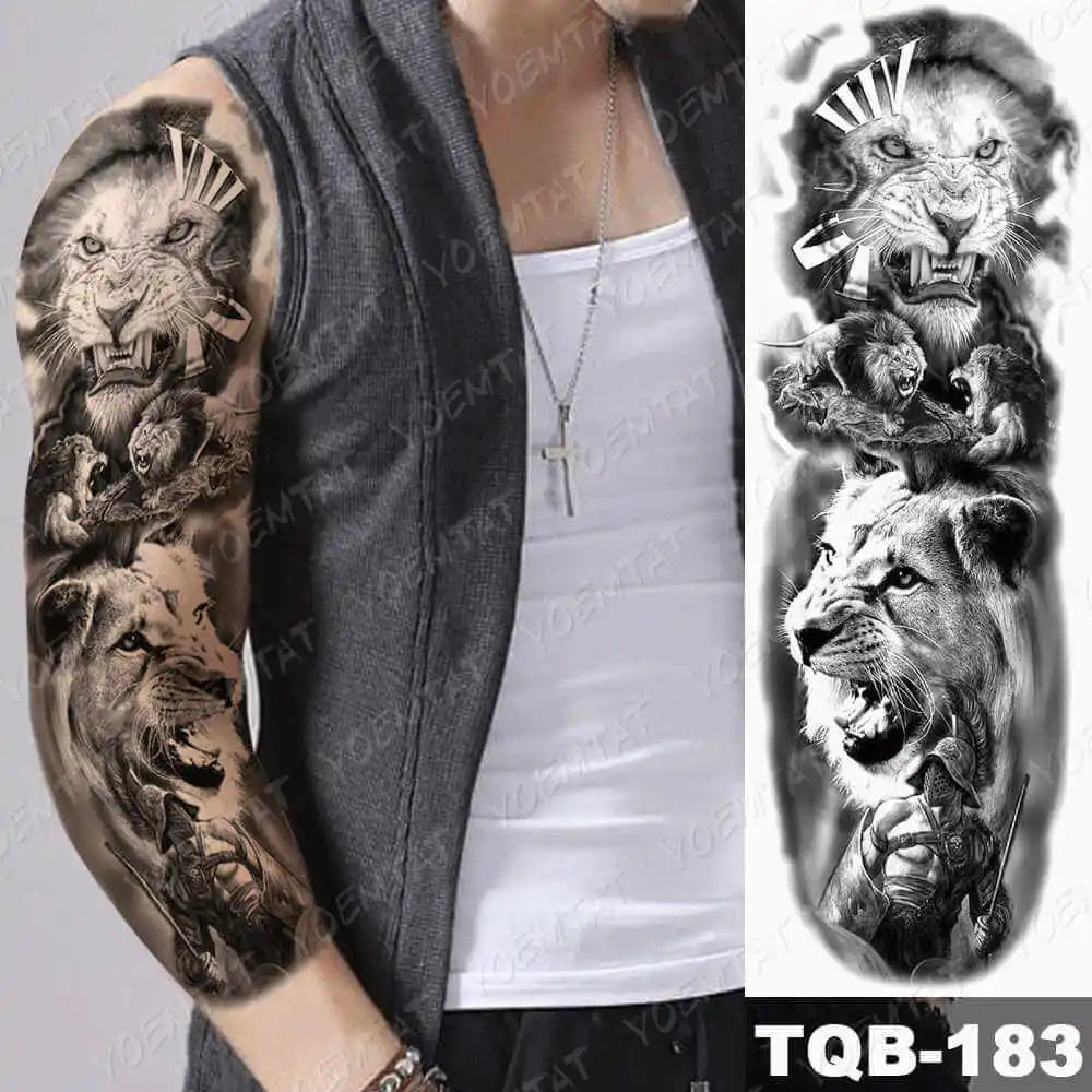 Large Arm Sleeve Tattoo Forest Angel Wolf Lion Waterproof Temporary Tatto Sticker Crown Skull Body Art Full Fake Tatoo Women Men