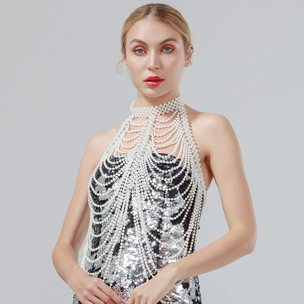 Sexy Pearl Body Chain For Women Necklaces Shawl Female Punk Style Beaded Collar Shoulder Sweater  Long Chain Bridal Body Jewelry