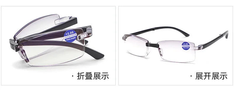 Smart zoom glasses folding diamond cut edge anti-blue reading glasses male frameless TR90 reading glasses portable box