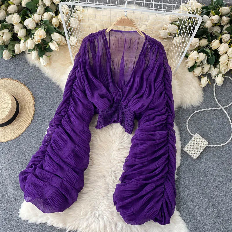Summer Sexy Draped Chiffon Blouse For Women Elegant V-Neck Puff Long Sleeve Short Tops Female Slim Party Shirts 2022 New Fashion
