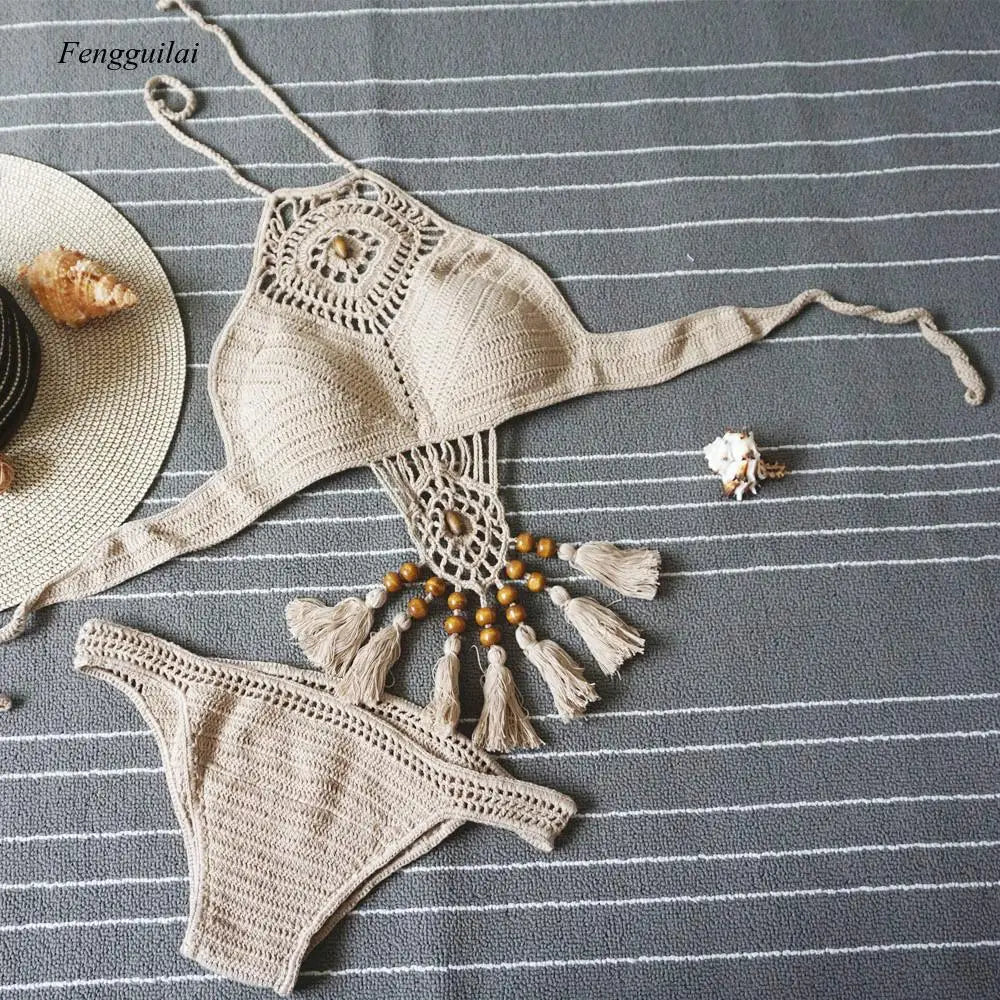 Bikini 2024 Knitting Swimsuit Crochet Bohemia Style Off Shoulder High Neck Bathing Beach Handmade Crochet