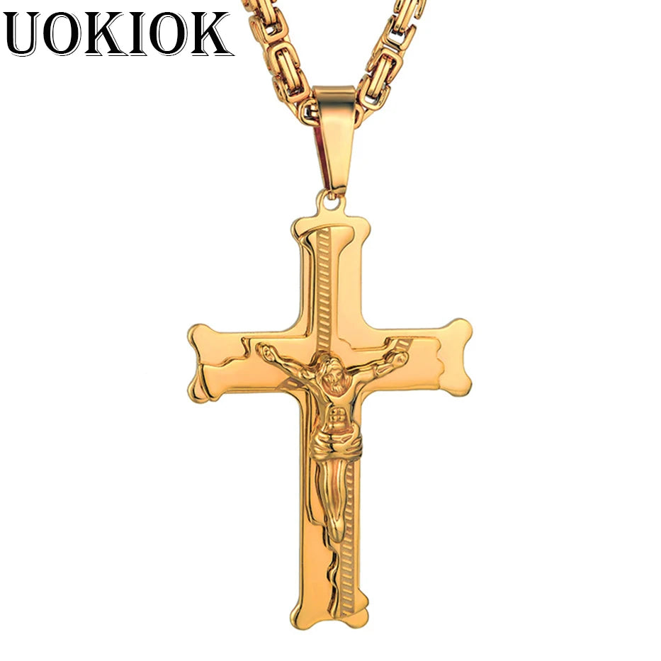 Fashion Byzantine Chain,Christ Cross Stainless Steel Long Necklace for Men Gold Color Statement Necklace Jewelry collares largos