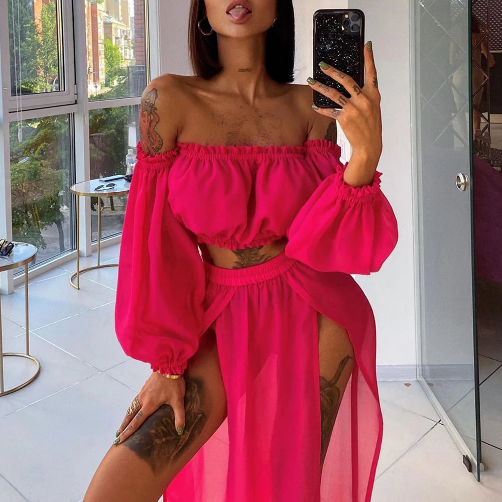 NEW Women Beach 2pcs Bikini Cover-Ups Swimsuit Off Shoulder Top+High Waist Dresss Sexy Ladies Swimming Cover Up Bathing Suit