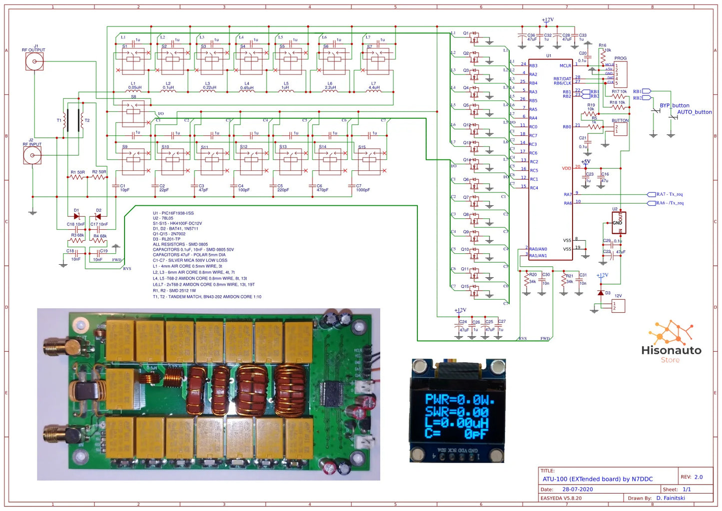 Hisonauto ATU-100 atu 100 DIY Kits 1.8-50MHz Automatic Antenna Tuner by N7DDC With OLED Firmware Programmed