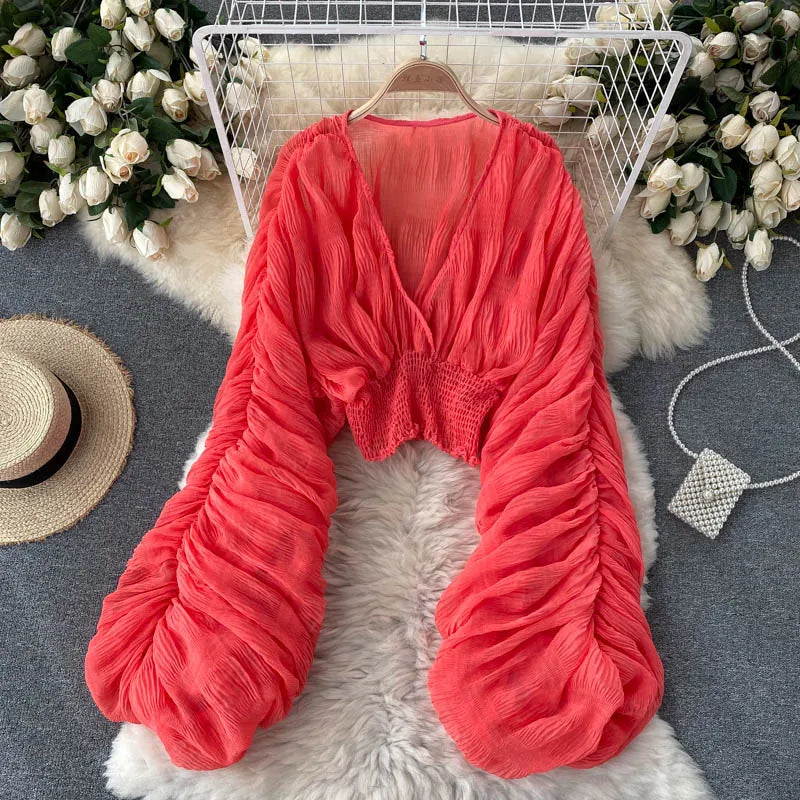 Summer Sexy Draped Chiffon Blouse For Women Elegant V-Neck Puff Long Sleeve Short Tops Female Slim Party Shirts 2022 New Fashion