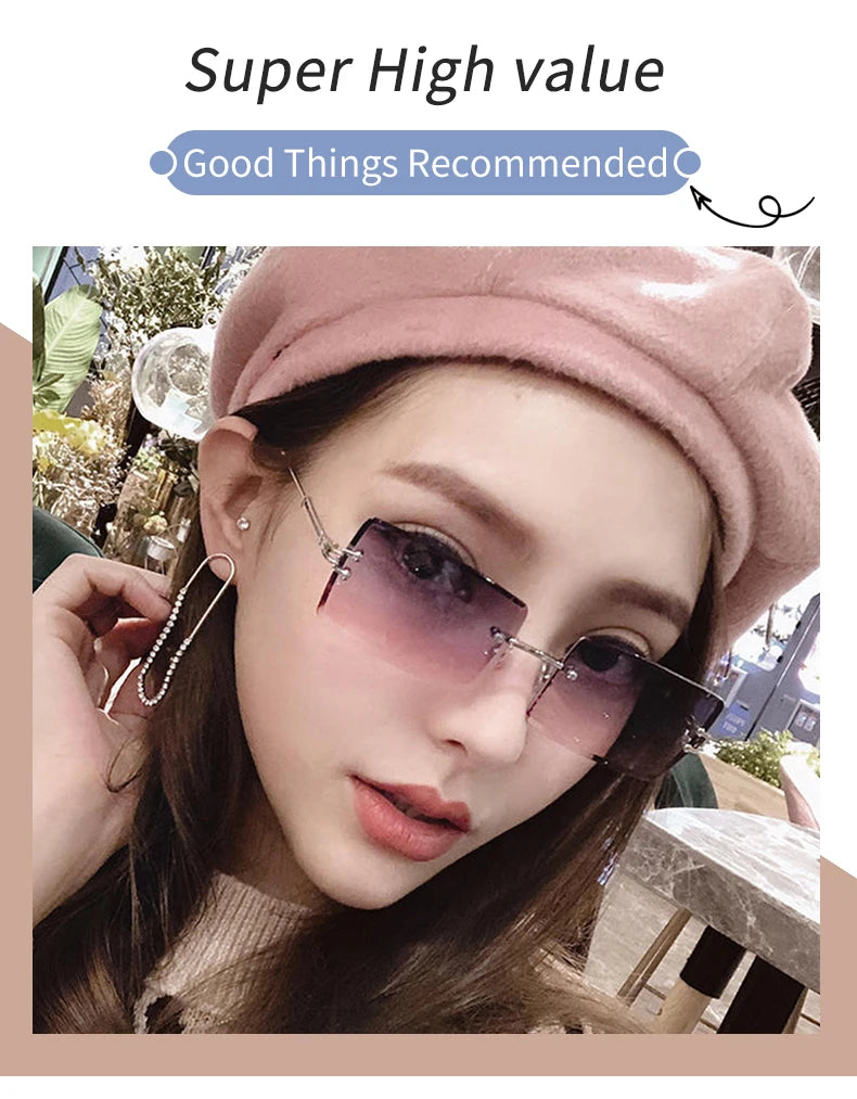 Vintage Fashion 2021 New Sunglasses Rimless Frameless Rectangle Shades Gradient UV400 Summer Traveling Sun Glasses for Women