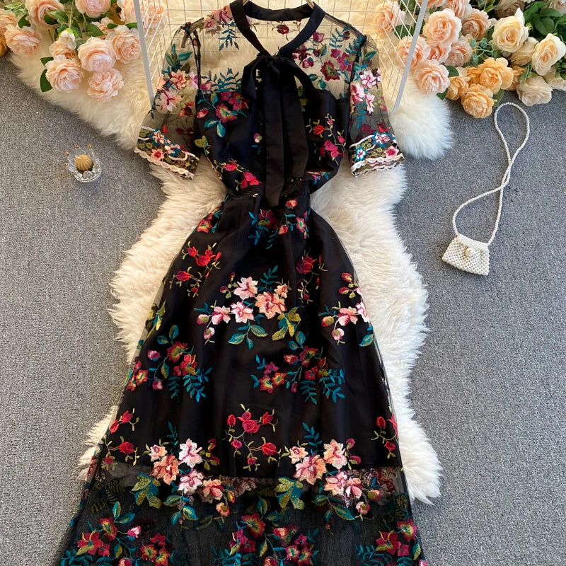 Guilantu Mesh Embroidery Floral Office Dress Women Summer Short Sleeve Tulle Vintgae Dress Elegant Sexy Club Party Dresses