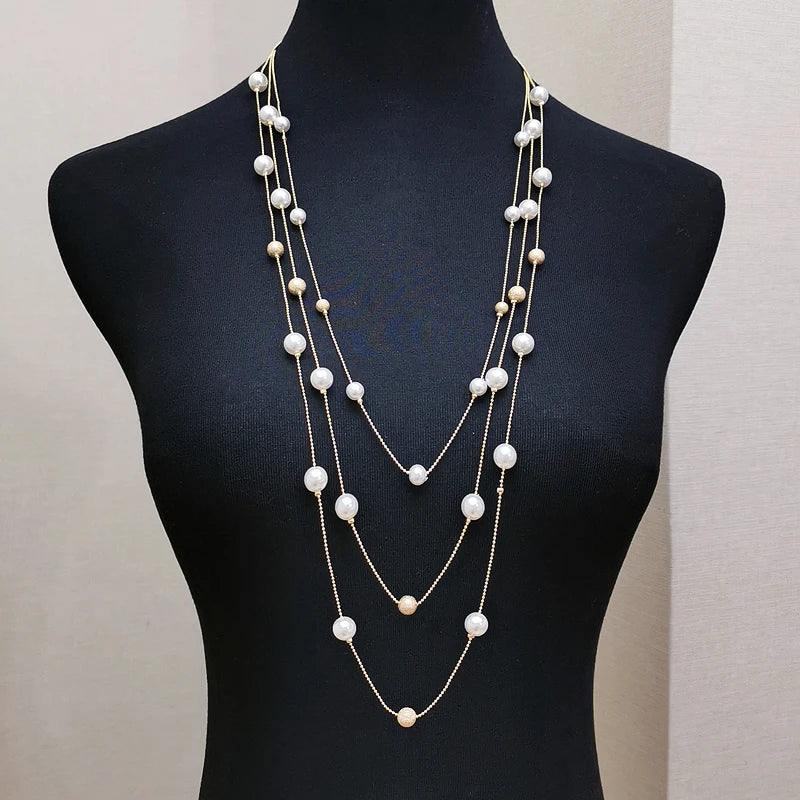Fashion Handmade Simulated-pearls Beads Chain Necklace For Women Charm Multilayer Long Sweater Necklaces Wedding Party Jewelry
