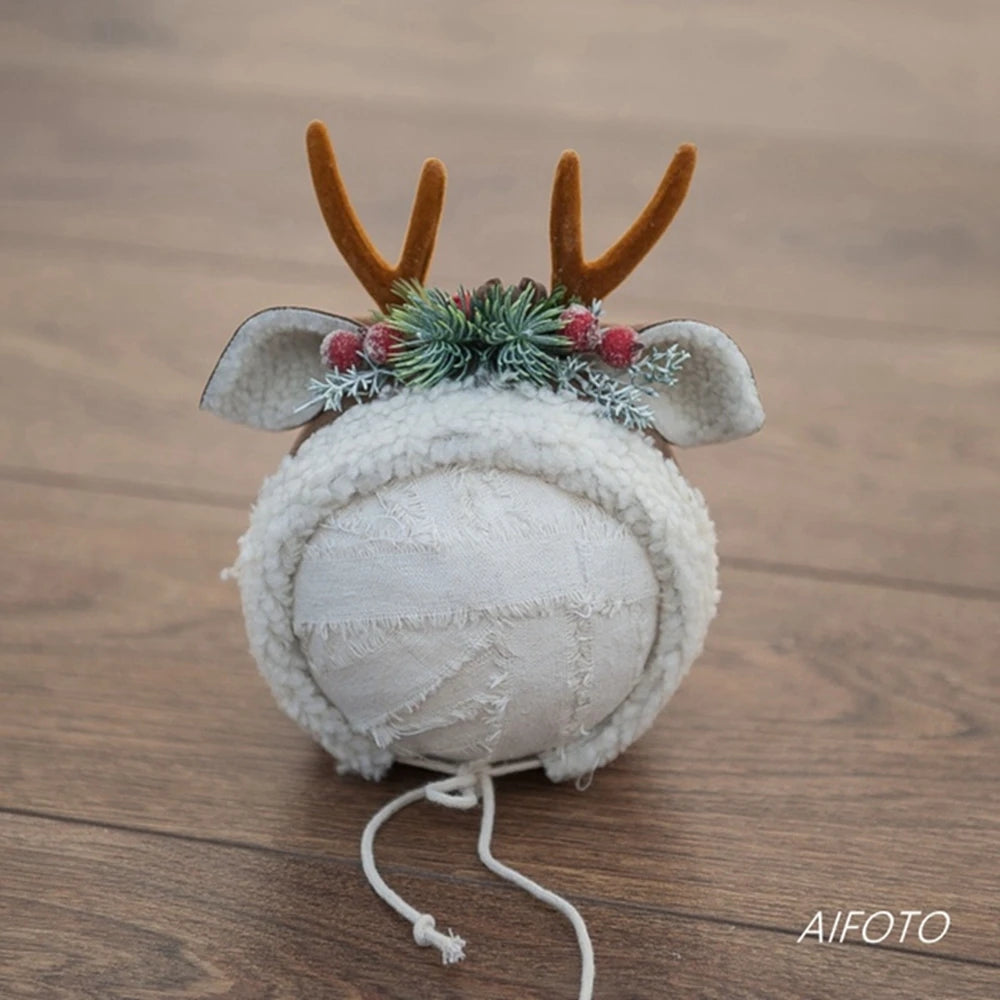 Baby Christmas Hat Reindeer Newborn Photography Props Accessories Wraps Pillow Set For Girls Boy Photo Shoot Studio Decoration