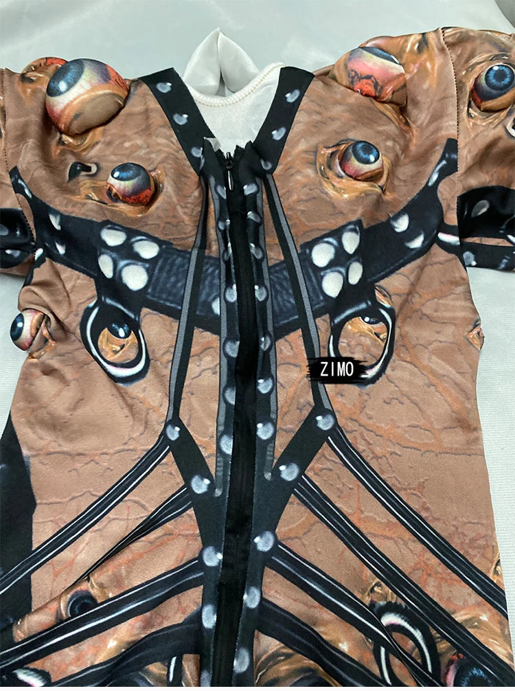 Halloween Men Women Horror Costume 3D Eye Novelty Jumpsuit Coat Stretch Rompers Nightclub Party Scary Stage Drag Queen Costumes