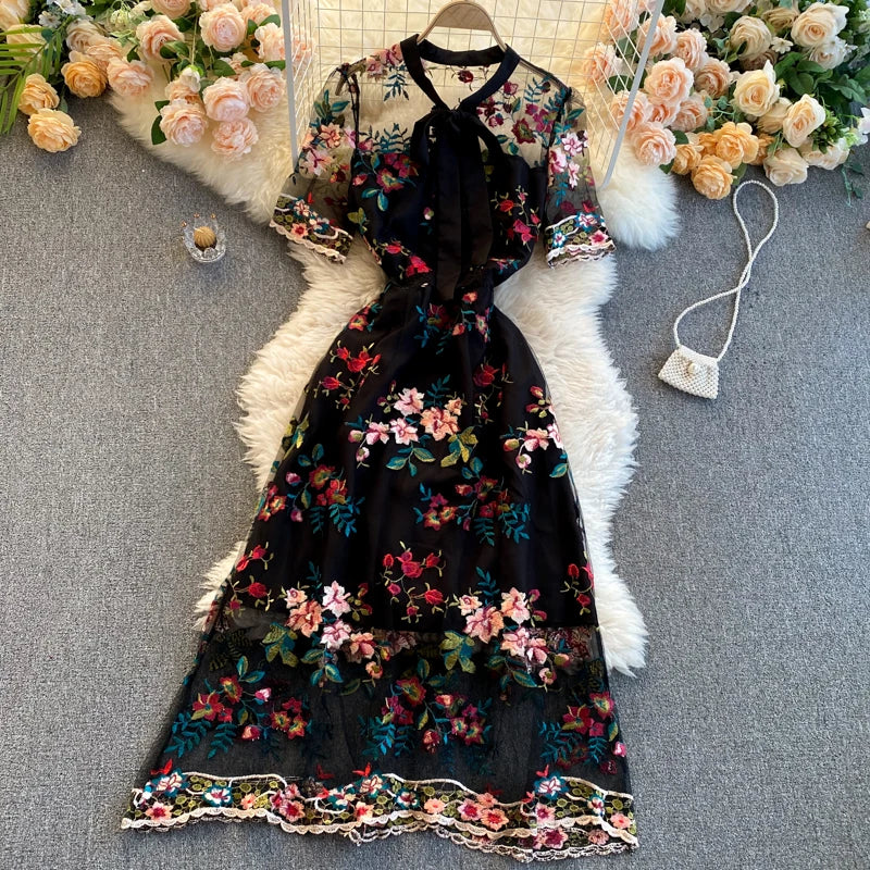 Guilantu Mesh Embroidery Floral Office Dress Women Summer Short Sleeve Tulle Vintgae Dress Elegant Sexy Club Party Dresses