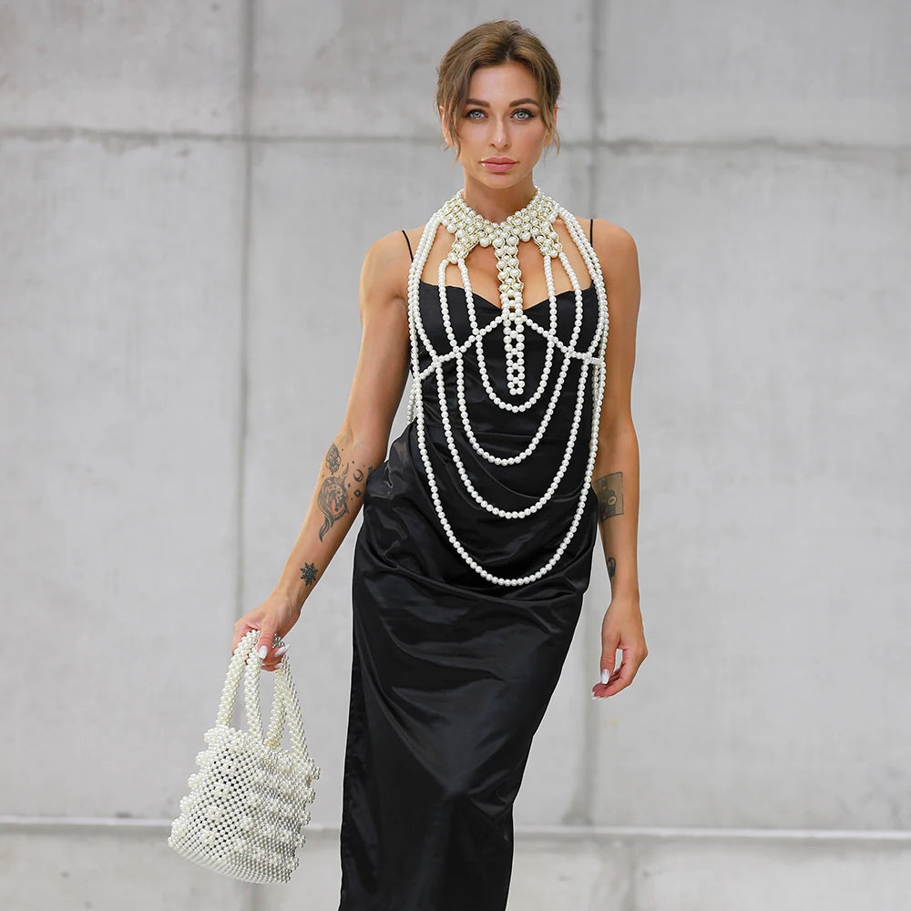 Sexy Pearl Body Chain For Women Necklaces Shawl Female Punk Style Beaded Collar Shoulder Sweater  Long Chain Bridal Body Jewelry