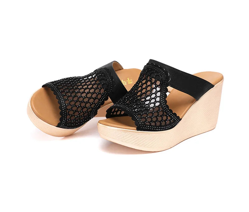 YAERNI High Heel Sandals For Women Summer Peep Toe Lace Mesh Wedge Heels Sandal Women Shoes