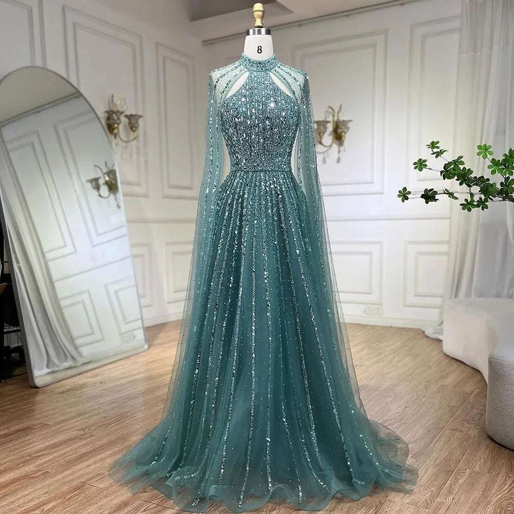 Caramel Arabic a Line Cape Sleeve Beaded Dubai Evening Dresses Serene Hill LA72306A Party Gowns 2024 for Women