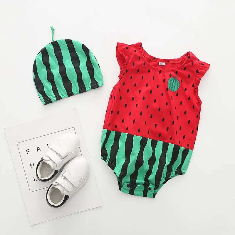 Summer Girl Baby Triangle Bodysuits Baby Cotton Cartoon Watermelon Bee Print Clothes Set Roupas Bebe Menino 0 a 6 Meses