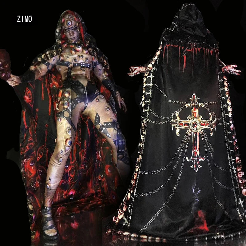 Halloween Men Women Horror Costume 3D Eye Novelty Jumpsuit Coat Stretch Rompers Nightclub Party Scary Stage Drag Queen Costumes