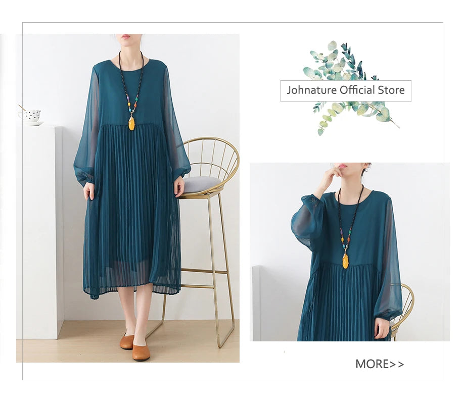 Johnature 2025 Woman Autumn New Fashion Mock Neck Loose Long Sleeves Dress Chinese Style Contrast Batwing Sleeve Casual Dress