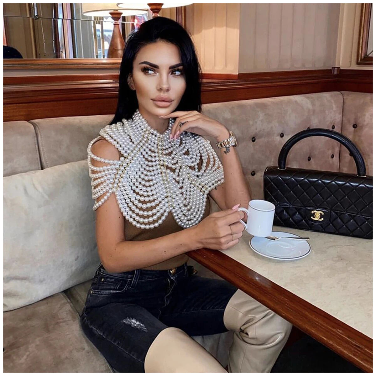 Luxury Women's Pearl Body Chain Necklaces Collar Shoulder Fashion Tops Beaded Necklaces Popular Jewelry Accessory