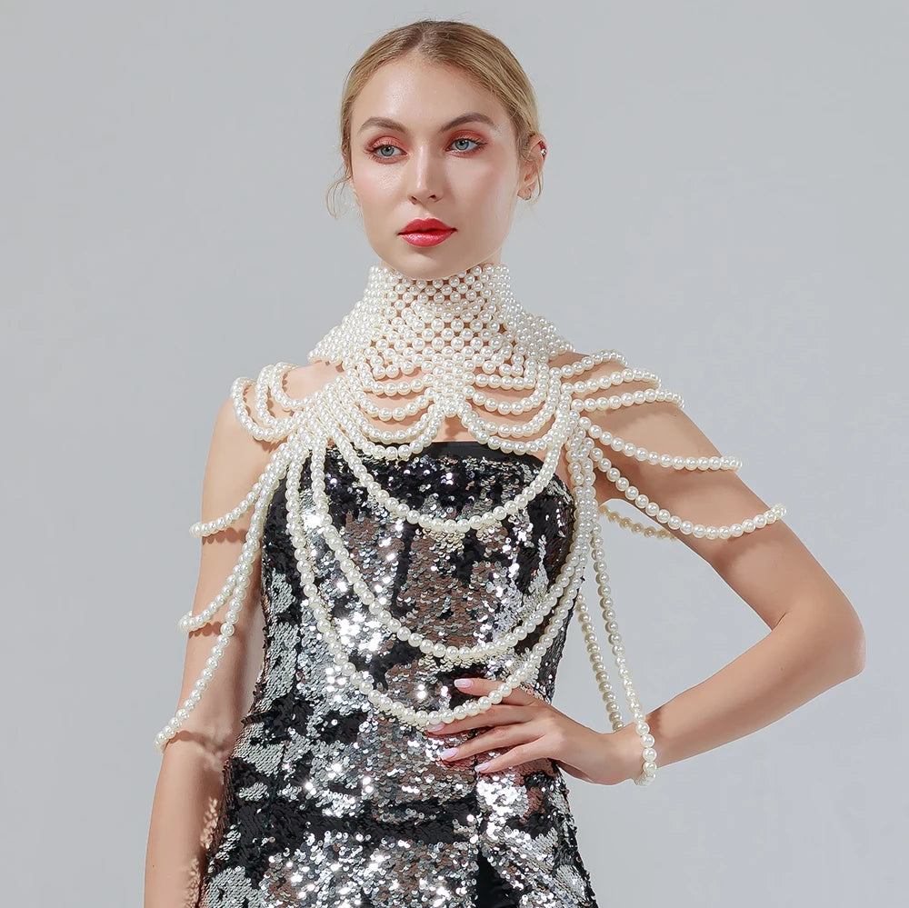 Sexy Pearl Body Chain For Women Necklaces Shawl Female Punk Style Beaded Collar Shoulder Sweater  Long Chain Bridal Body Jewelry