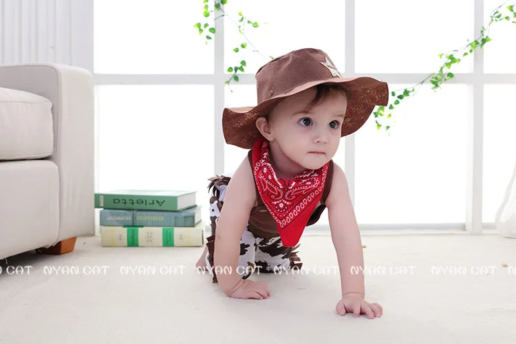 New fashion Baby boy romper costume infant toddler cowboy clothing set hat+scarf+romper halloween purim event birthday outfits
