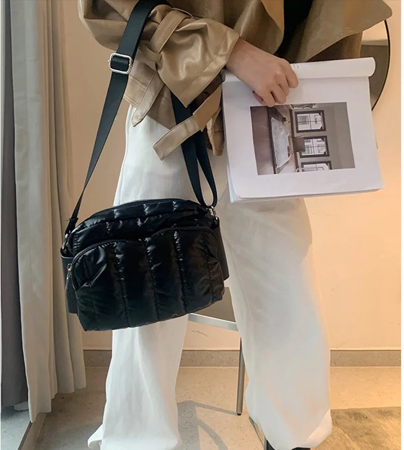 Luxury Space Cotton Shoulder Bags For Women 2021 Winter Crossbody Down Bag Designer Handbag Wide Shoulder Strap Messenger Pack가방
