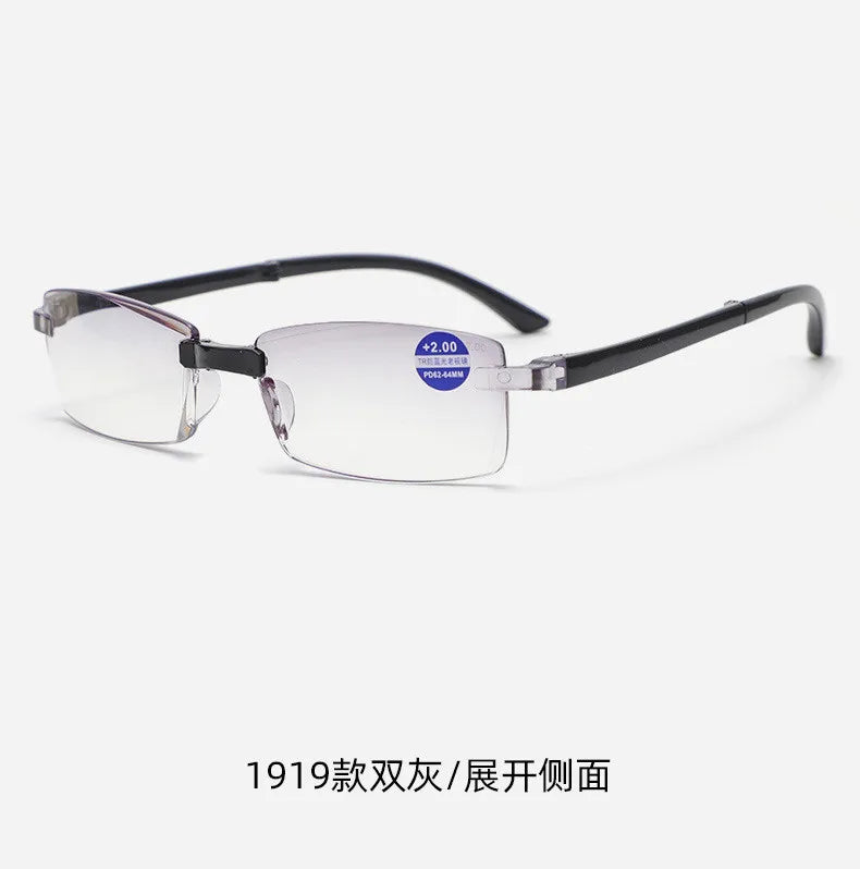 Smart zoom glasses folding diamond cut edge anti-blue reading glasses male frameless TR90 reading glasses portable box