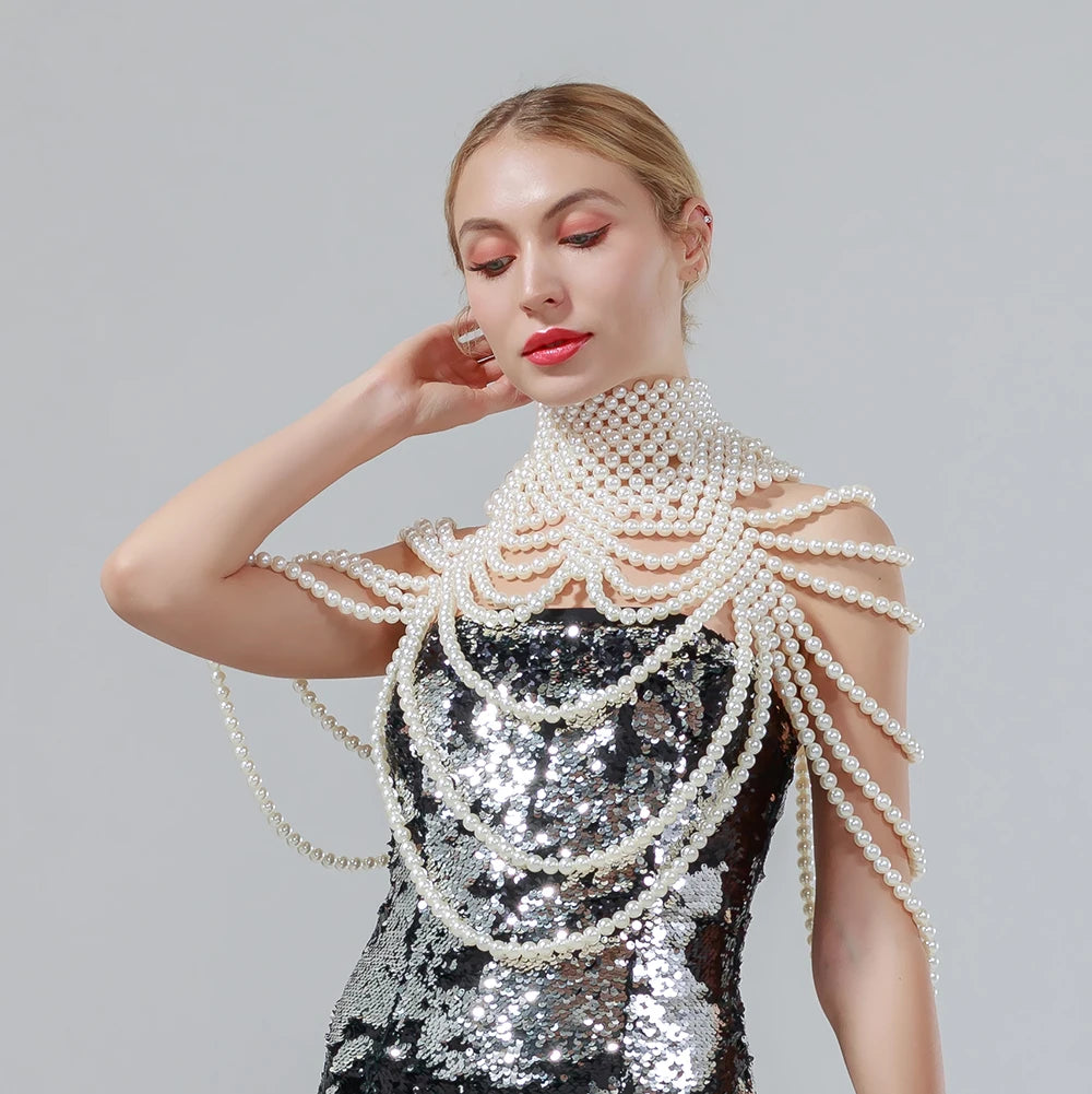 Sexy Pearl Body Chain For Women Necklaces Shawl Female Punk Style Beaded Collar Shoulder Sweater  Long Chain Bridal Body Jewelry