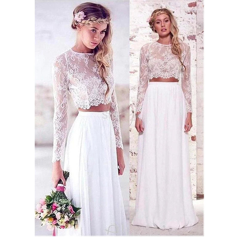 Chiffon Two Piece Wedding Dress 2026 Long Sleeves White Ivory Lace Beach Bridal Dress Boho Wedding Gowns plus size Customized