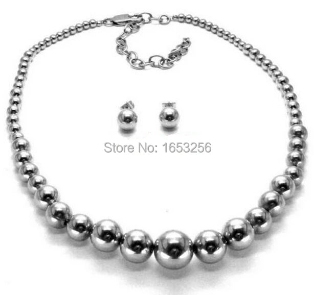 Mens Women  stainless steel Solidball Chain necklace Earring Studs Shiny Jewelry Set