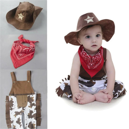 Fashion Toddler Baby Boy Girl West Cowboy Costume Cowboy Sheriff 3Pcs Fancy Party Clothes Jumpsuits+Hat+Scarf Outfit 0-24M